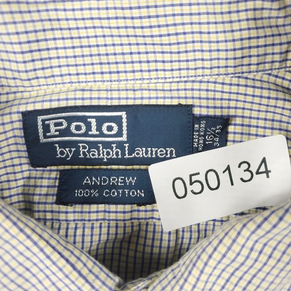 Ralph Lauren Shirt Mens Size 16.5 Blue Yellow Check Dress Button Up Long Sleeve